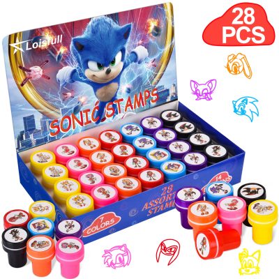 28 Pcs Sonic Themed Stampers for Kids，Sonic Party Favors，Sonic 2 Birthday Party Supplies Gifts，Classroom Rewards School Carnival Prizes Goody Bag Treat Bag
