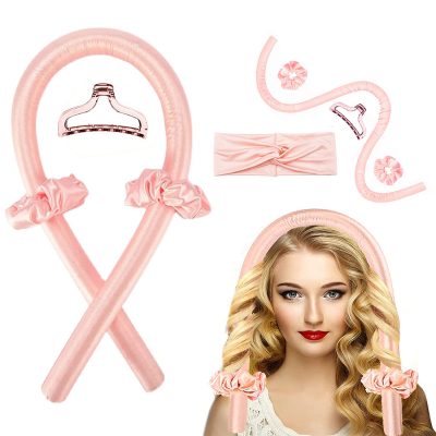 Heatless Curling Rod Headband – AiqooYo Heatless Hair Curler for Long Hair No Heat Curls Ribbon Curlers Headband Soft Hair Rollers for Women Girls DIY Tools with Two Scrunches and Claw (Pink)