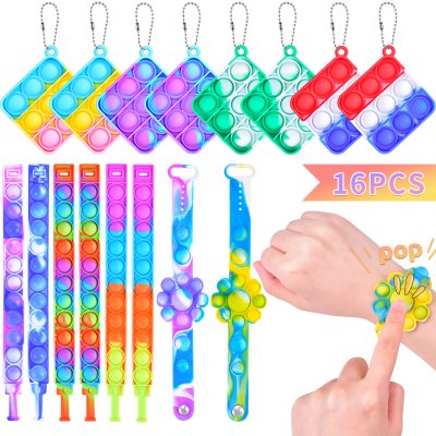 16PCS Push Pop Fidget Toy Fidget Bracelet, Durable and Adjustable, Multicolor Stress Relief Finger Press Bracelet for Kids and Adults ADHD ADD Autism (Bracelet&Keychain)