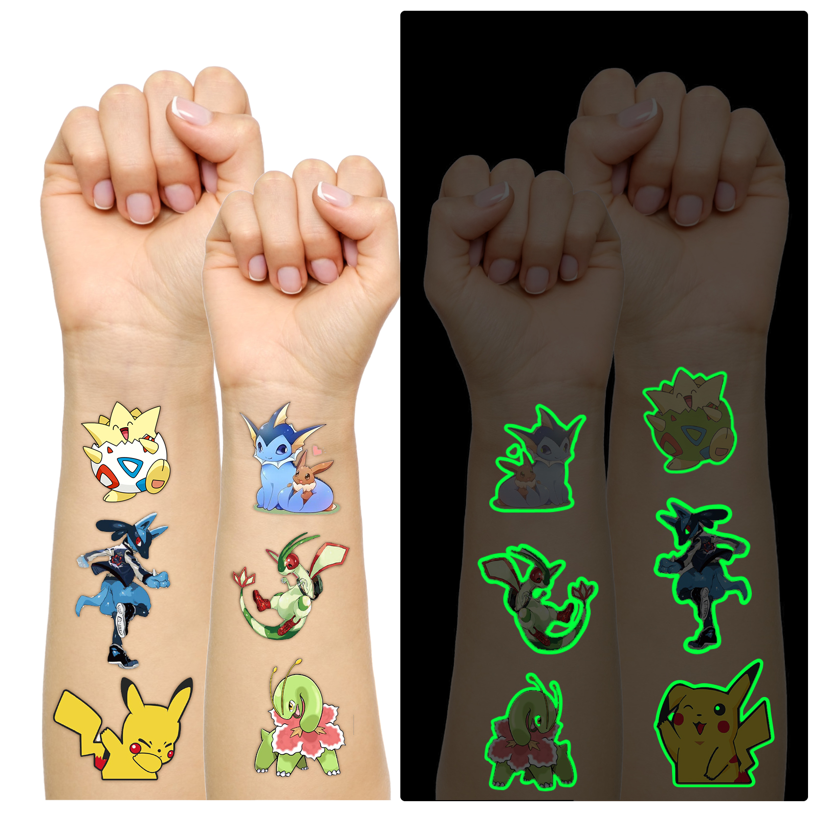 200 Pcs Temporary Tattoos for Kids Party Favors Fake Tattoos Stickers Glow Party Supplies and Decorations Boys Girls Teens Birthday Gift Water Bottle Skateboard Phone Notebook Pikachu Cartoon Monsters - Image 2