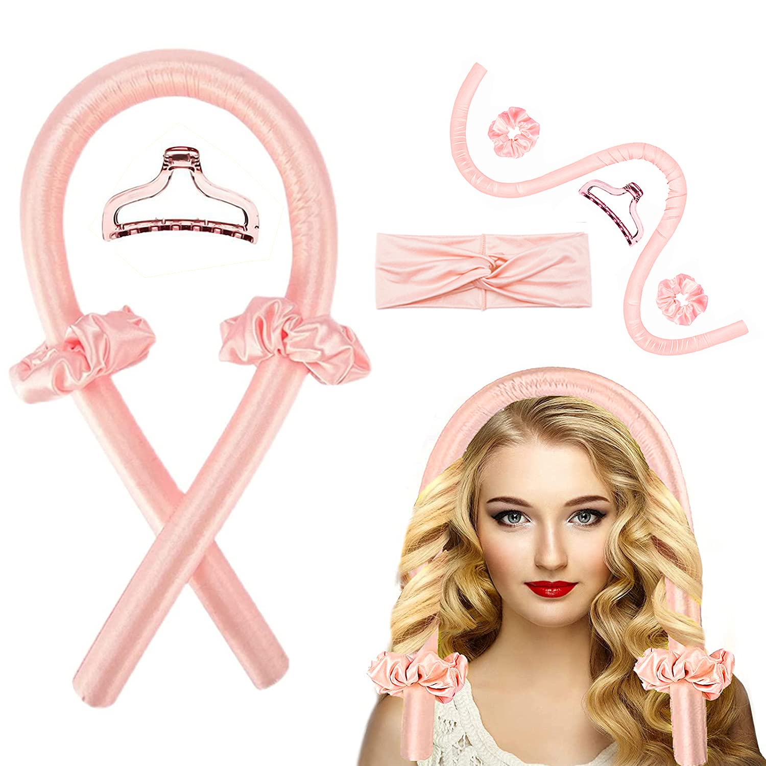 Heatless Curling Rod Headband – AiqooYo Heatless Hair Curler for Long Hair No Heat Curls Ribbon Curlers Headband Soft Hair Rollers for Women Girls DIY Tools with Two Scrunches and Claw (Pink)
