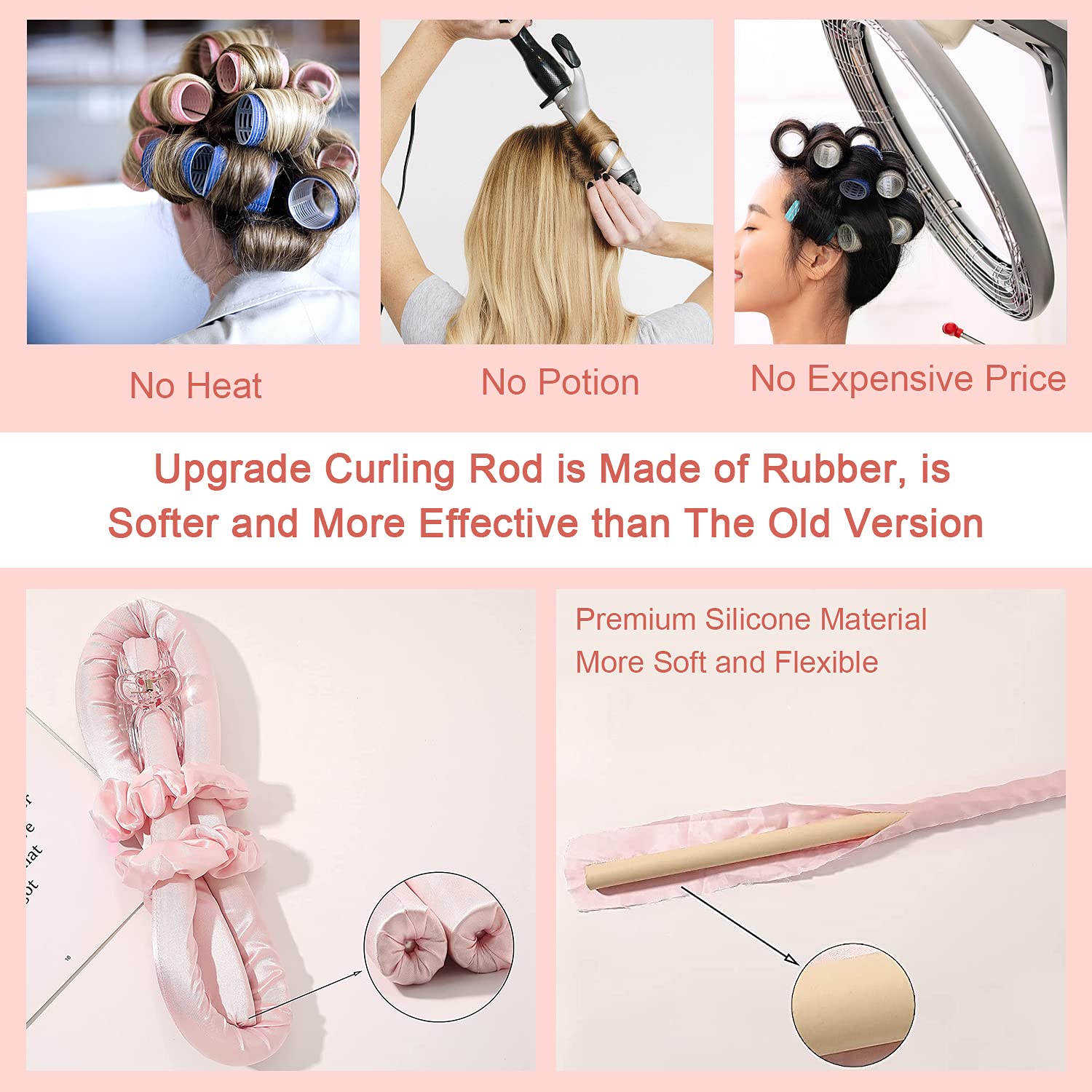 Heatless Curling Rod Headband – AiqooYo Heatless Hair Curler for Long Hair No Heat Curls Ribbon Curlers Headband Soft Hair Rollers for Women Girls DIY Tools with Two Scrunches and Claw (Pink) - Image 2