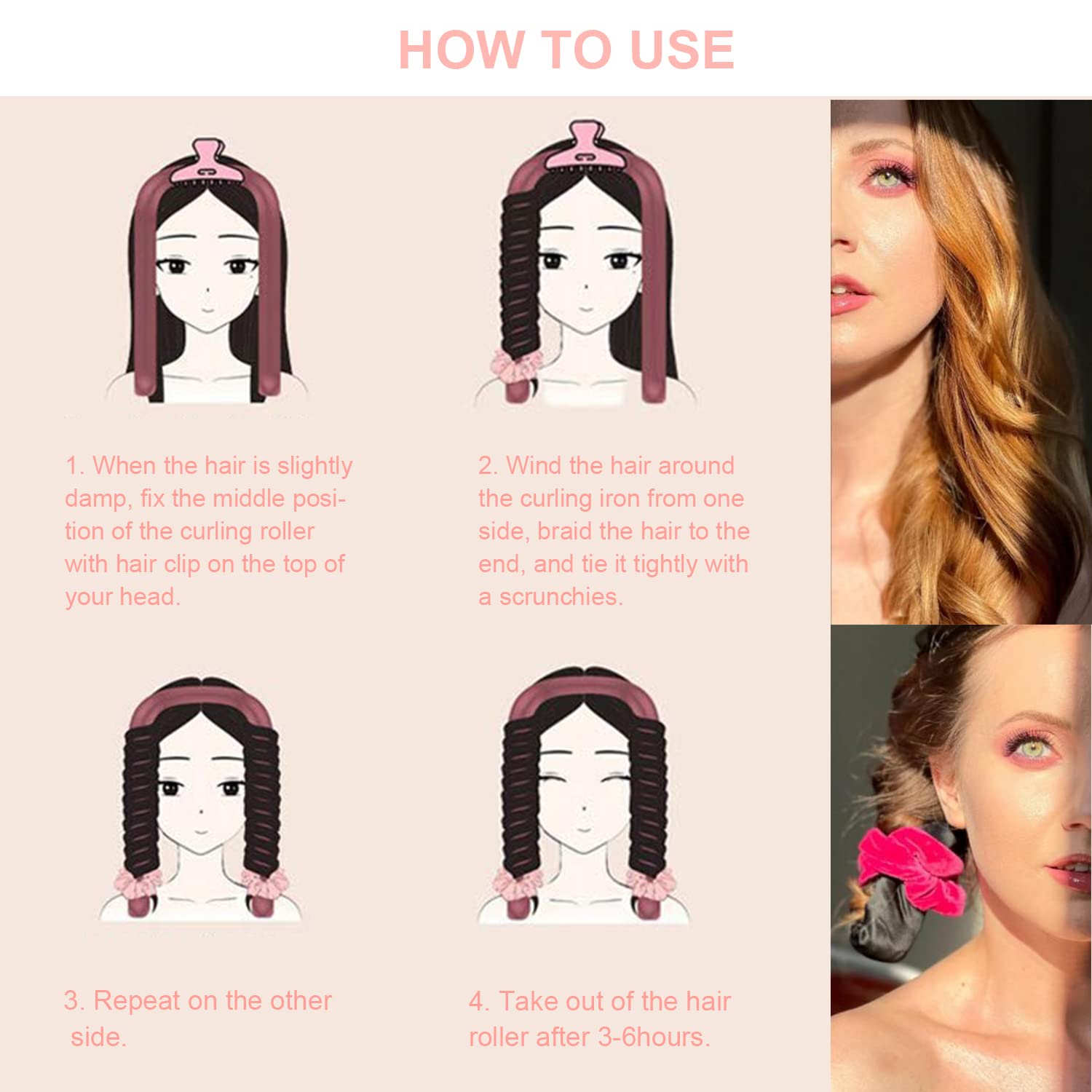 Heatless Curling Rod Headband – AiqooYo Heatless Hair Curler for Long Hair No Heat Curls Ribbon Curlers Headband Soft Hair Rollers for Women Girls DIY Tools with Two Scrunches and Claw (Pink) - Image 3