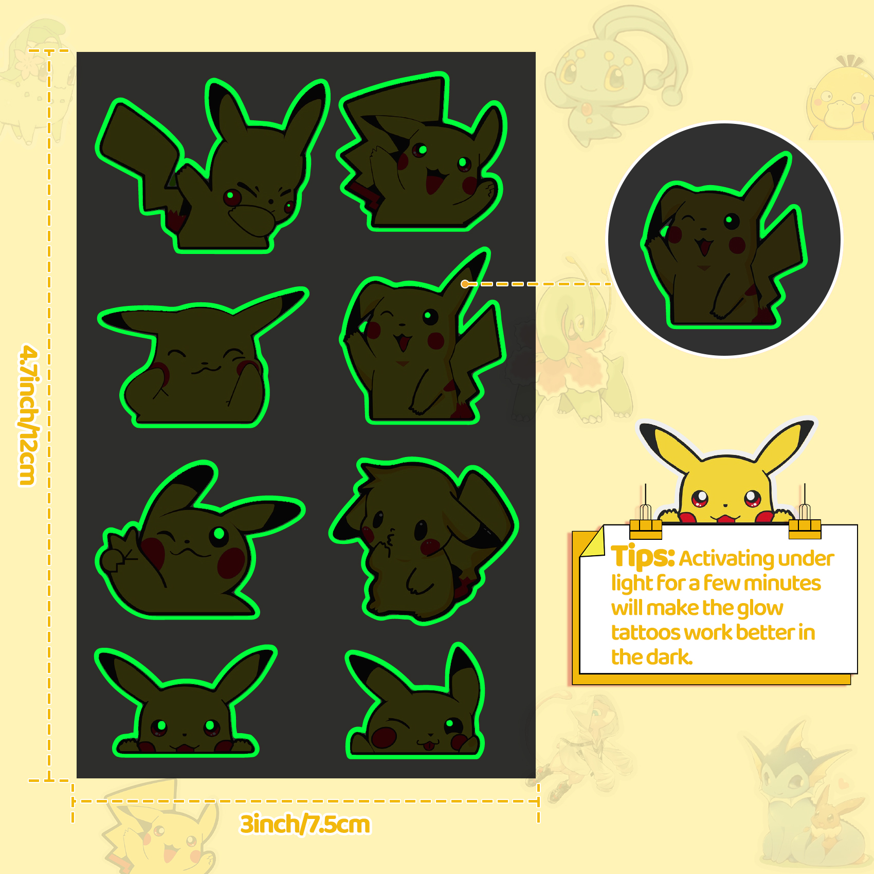 200 Pcs Temporary Tattoos for Kids Party Favors Fake Tattoos Stickers Glow Party Supplies and Decorations Boys Girls Teens Birthday Gift Water Bottle Skateboard Phone Notebook Pikachu Cartoon Monsters - Image 4
