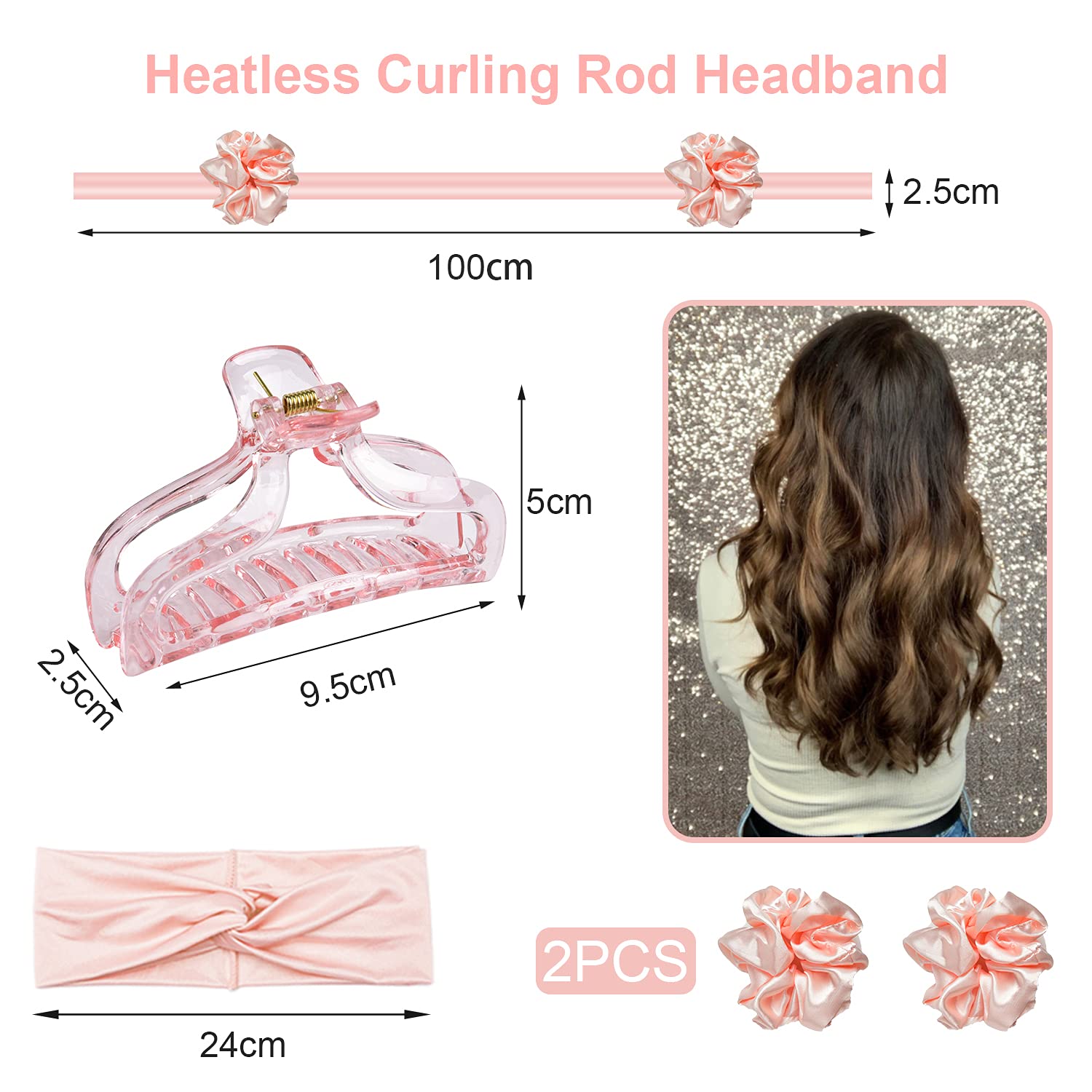 Heatless Curling Rod Headband – AiqooYo Heatless Hair Curler for Long Hair No Heat Curls Ribbon Curlers Headband Soft Hair Rollers for Women Girls DIY Tools with Two Scrunches and Claw (Pink) - Image 4
