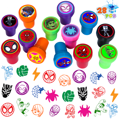 28 Pcs Spidey and His Amazing Friends Themed Stampers for Kids, Spidey Birthday Party Supplies Favors, Classroom Rewards Prizes, Goody Bag Treat Bag Stuff for Spidey Birthday Party Gifts