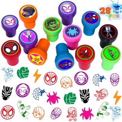 Loisfull 28 Pcs Spidey and His Amazing Friends Themed Stampers for Kids, Spidey Birthday Party Supplies Favors, Classroom Rewards Prizes, Goody Bag Treat Bag Stuff for Spidey Birthday Party Gifts