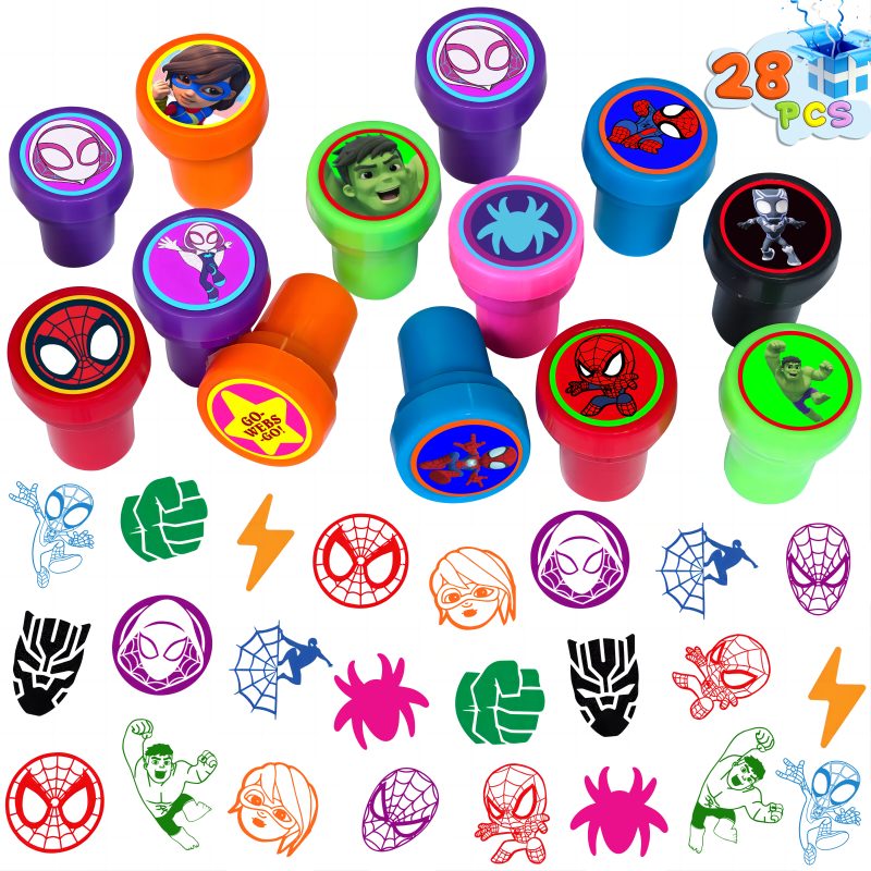 Loisfull 28 Pcs Spidey and His Amazing Friends Themed Stampers for Kids, Spidey Birthday Party Supplies Favors, Classroom Rewards Prizes, Goody Bag Treat Bag Stuff for Spidey Birthday Party Gifts