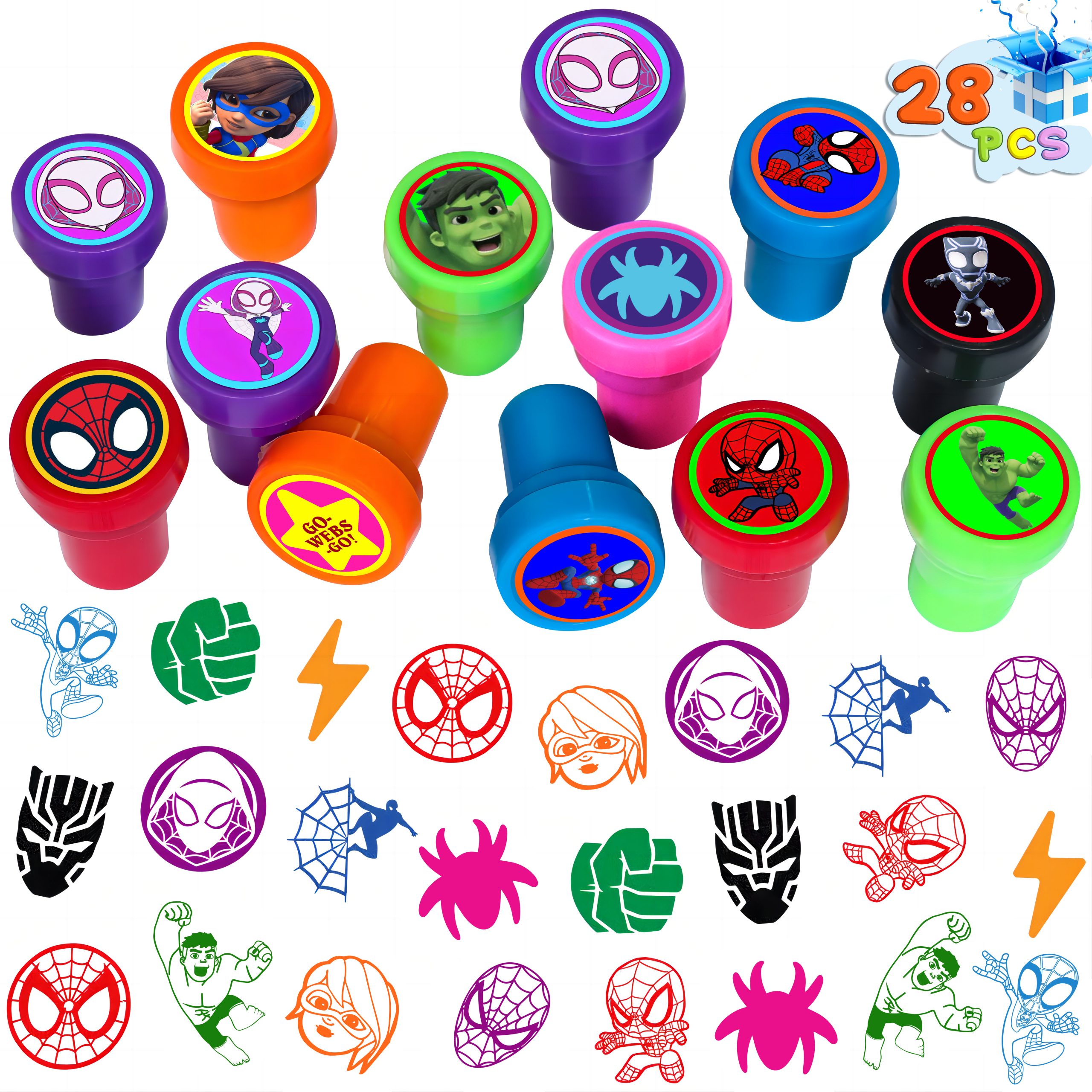 Loisfull 28 Pcs Spidey and His Amazing Friends Themed Stampers for Kids, Spidey Birthday Party Supplies Favors, Classroom Rewards Prizes, Goody Bag Treat Bag Stuff for Spidey Birthday Party Gifts