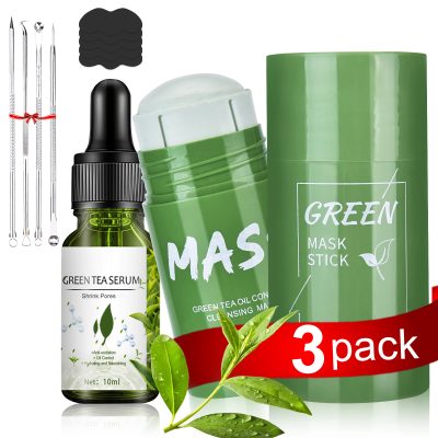 2PC Green Tea Mask Stick Blackhead Remover for Face, 5 in 1 Poreless Deep Cleanser Green Tea Mask for Pore Strips,Purifying Face Mask, Included1 serum & 10 blackhead sticker & 4 Extracter Tool, Suitable for Men and Women
