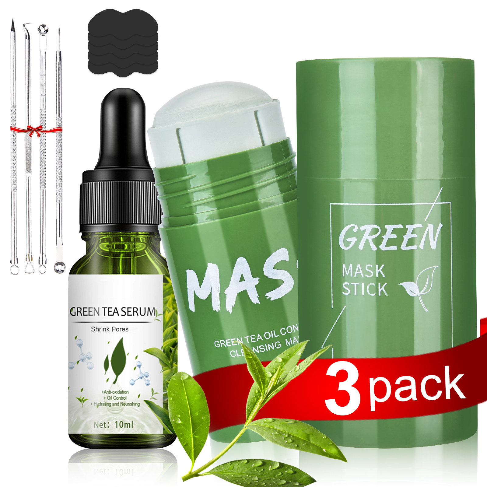 2PC Green Tea Mask Stick Blackhead Remover for Face, 5 in 1 Poreless Deep Cleanser Green Tea Mask for Pore Strips,Purifying Face Mask, Included1 serum & 10 blackhead sticker & 4 Extracter Tool, Suitable for Men and Women