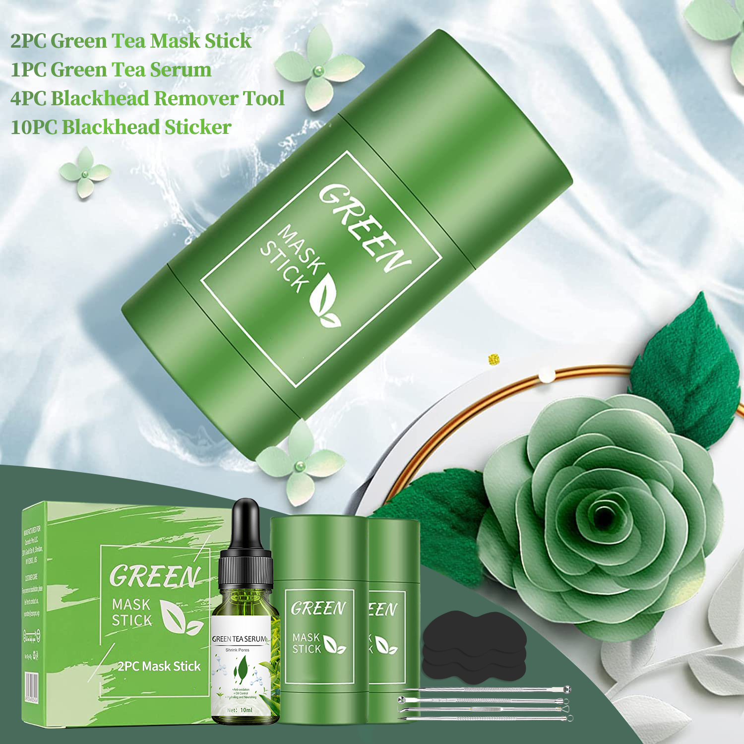 2PC Green Tea Mask Stick Blackhead Remover for Face, 5 in 1 Poreless Deep Cleanser Green Tea Mask for Pore Strips,Purifying Face Mask, Included1 serum & 10 blackhead sticker & 4 Extracter Tool, Suitable for Men and Women - Image 2