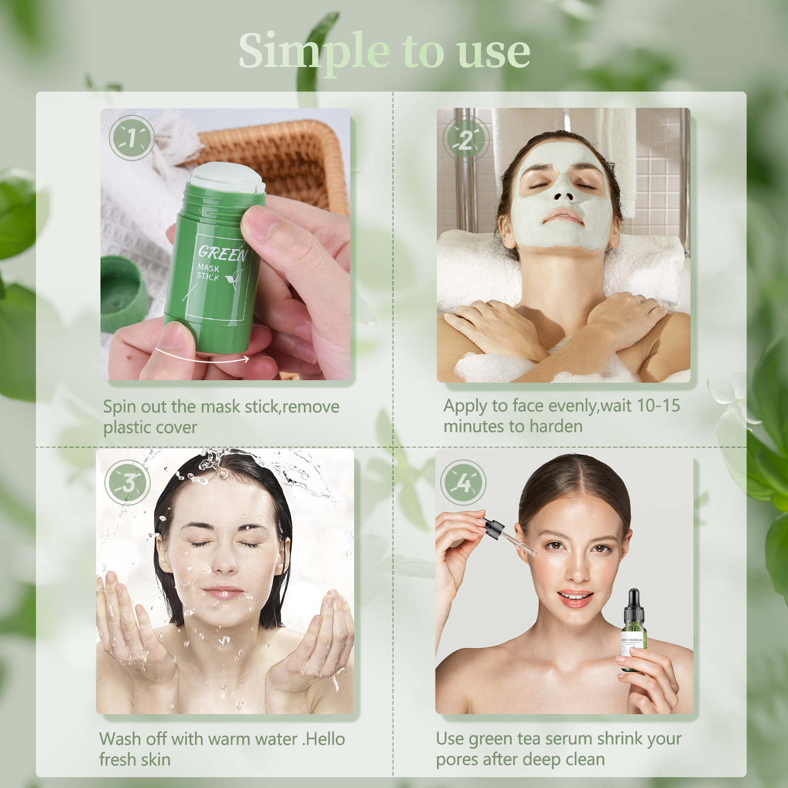 2PC Green Tea Mask Stick Blackhead Remover for Face, 5 in 1 Poreless Deep Cleanser Green Tea Mask for Pore Strips,Purifying Face Mask, Included1 serum & 10 blackhead sticker & 4 Extracter Tool, Suitable for Men and Women - Image 5