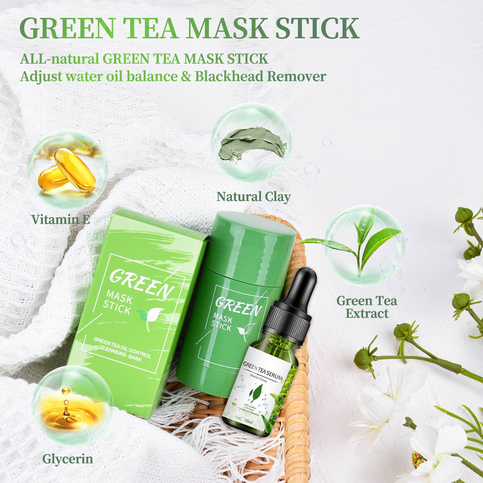 2PC Green Tea Mask Stick Blackhead Remover for Face, 5 in 1 Poreless Deep Cleanser Green Tea Mask for Pore Strips,Purifying Face Mask, Included1 serum & 10 blackhead sticker & 4 Extracter Tool, Suitable for Men and Women - Image 9